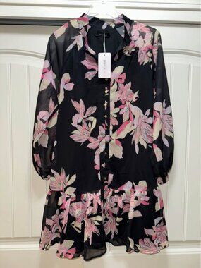 ZESICA Womens Floral Mini Dress Long Sleeve Button Chiffon A Line Swing Short LG